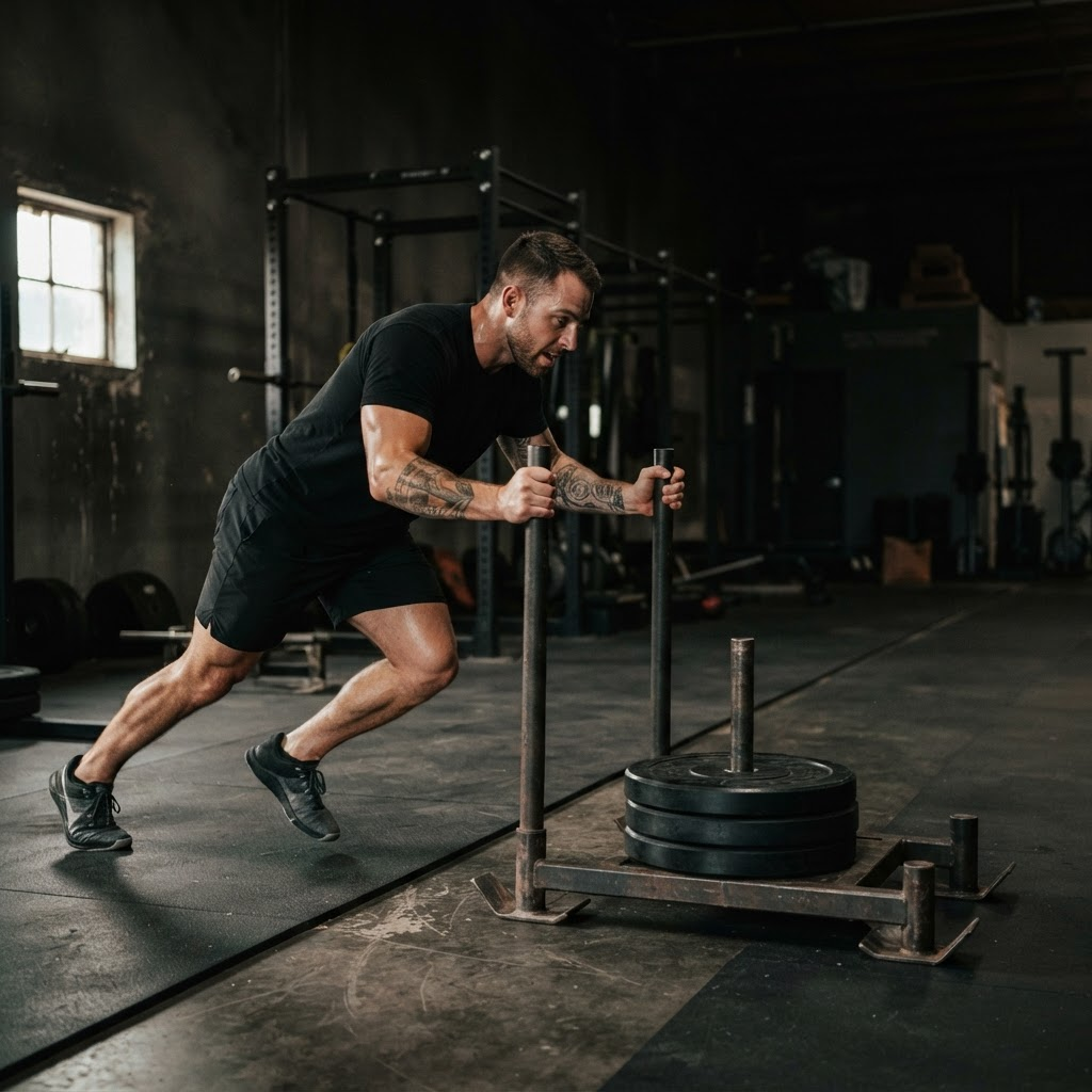 Athlet schiebt einen beladenen Schlitten im Gym